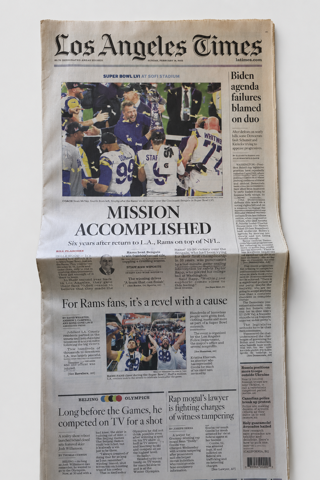 Original LA Times Rams Super Bowl LVI Newspaper – February 14, 2022